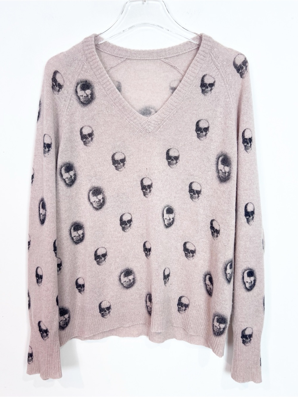 SKULL CASHMERE TAUPE BROWN V-NECK SKULL PRINT CASHMERE SWEATER SZ SMALL